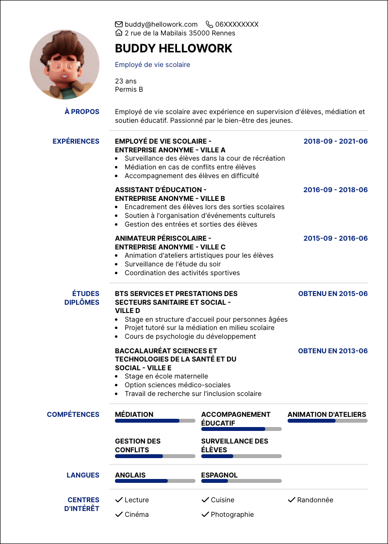 Modèle CV Employé de vie scolaire Exemple CV Employé de vie scolaire