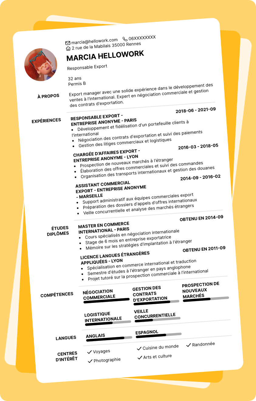 Modèle CV Export manager Exemple CV Export manager