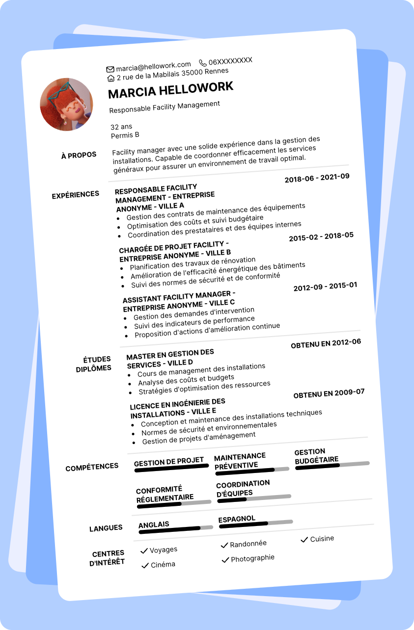 Modèle CV Facility manager Exemple CV Facility manager