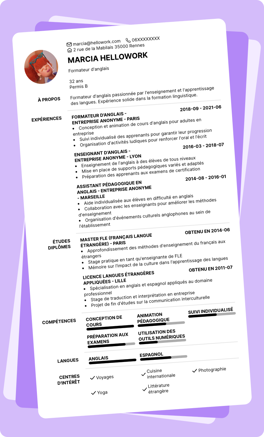Modèle CV Formateur d'anglais Exemple CV Formateur d'anglais