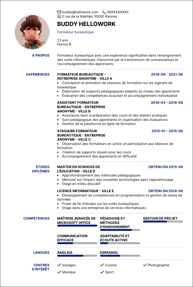 Exemple CV Formateur bureautique