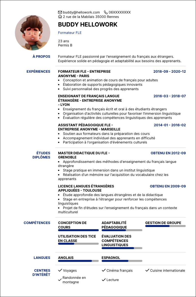 Modèle CV Formateur FLE Exemple CV Formateur FLE