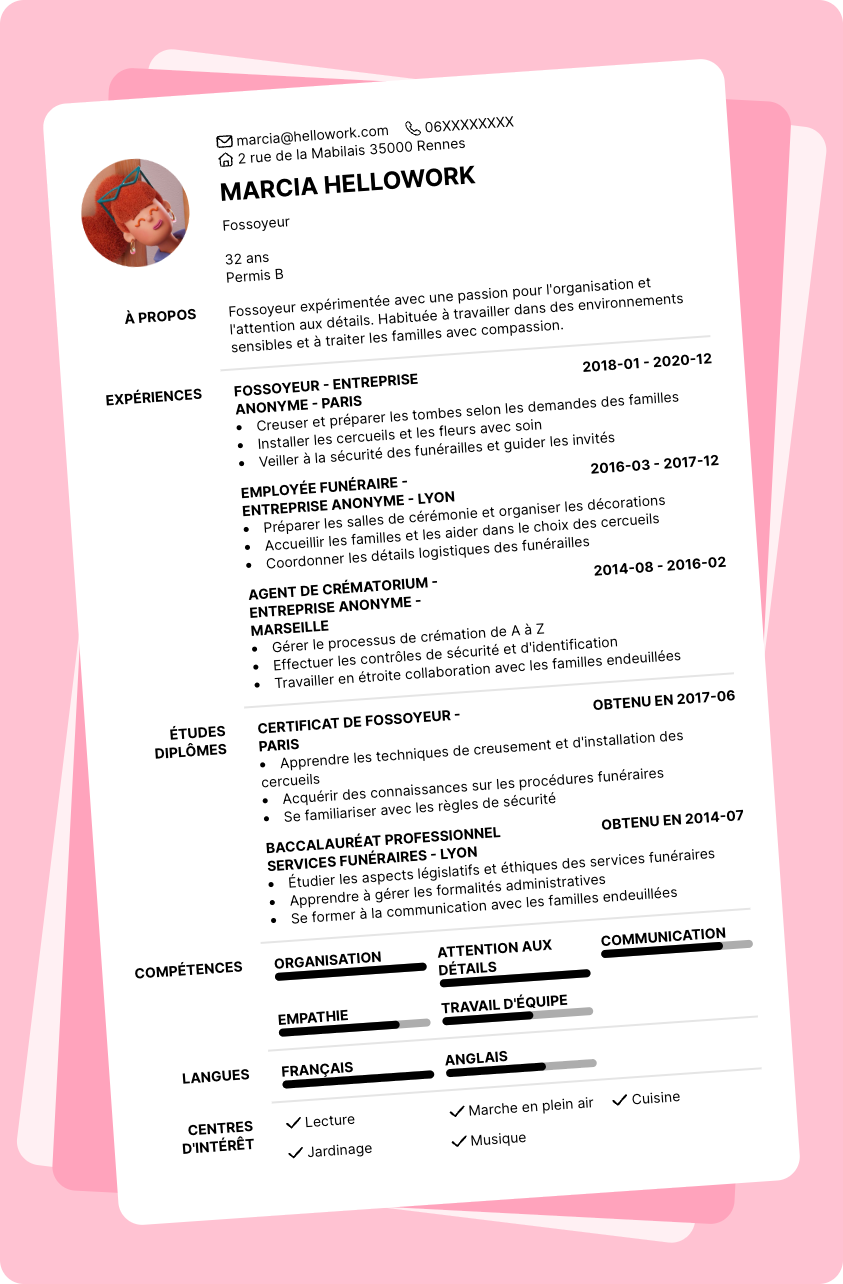 Modèle CV Fossoyeur Exemple CV Fossoyeur