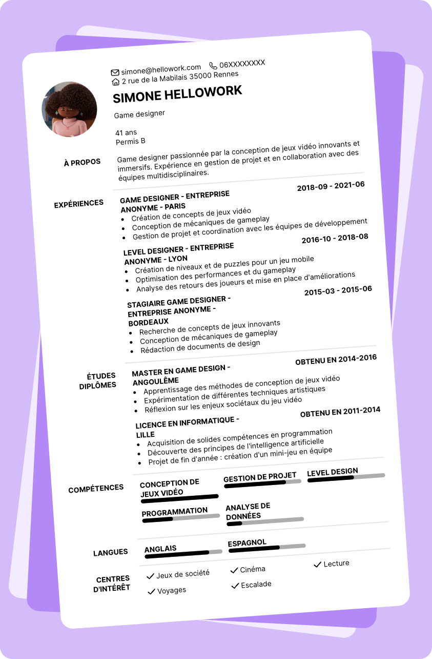 Modèle CV Game designer Exemple CV Game designer
