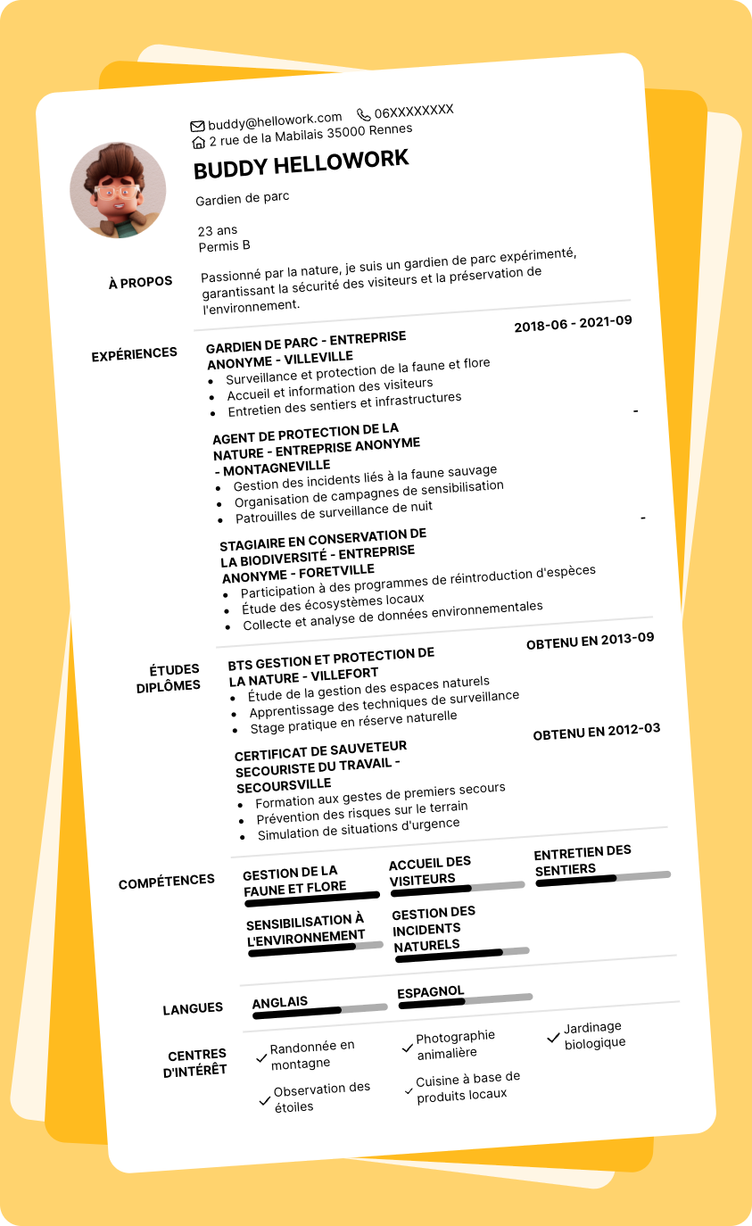Exemple CV Gardien de parc