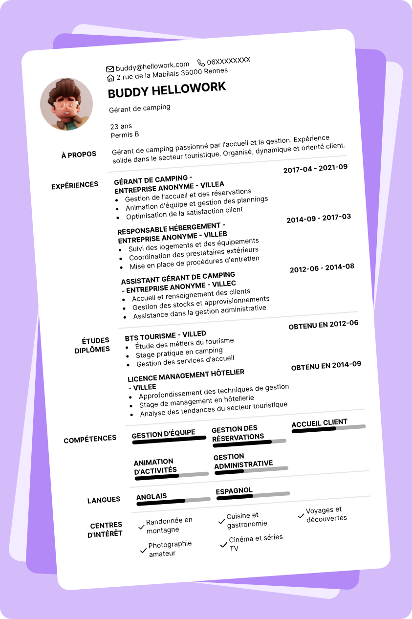 Exemple CV Gérant de camping