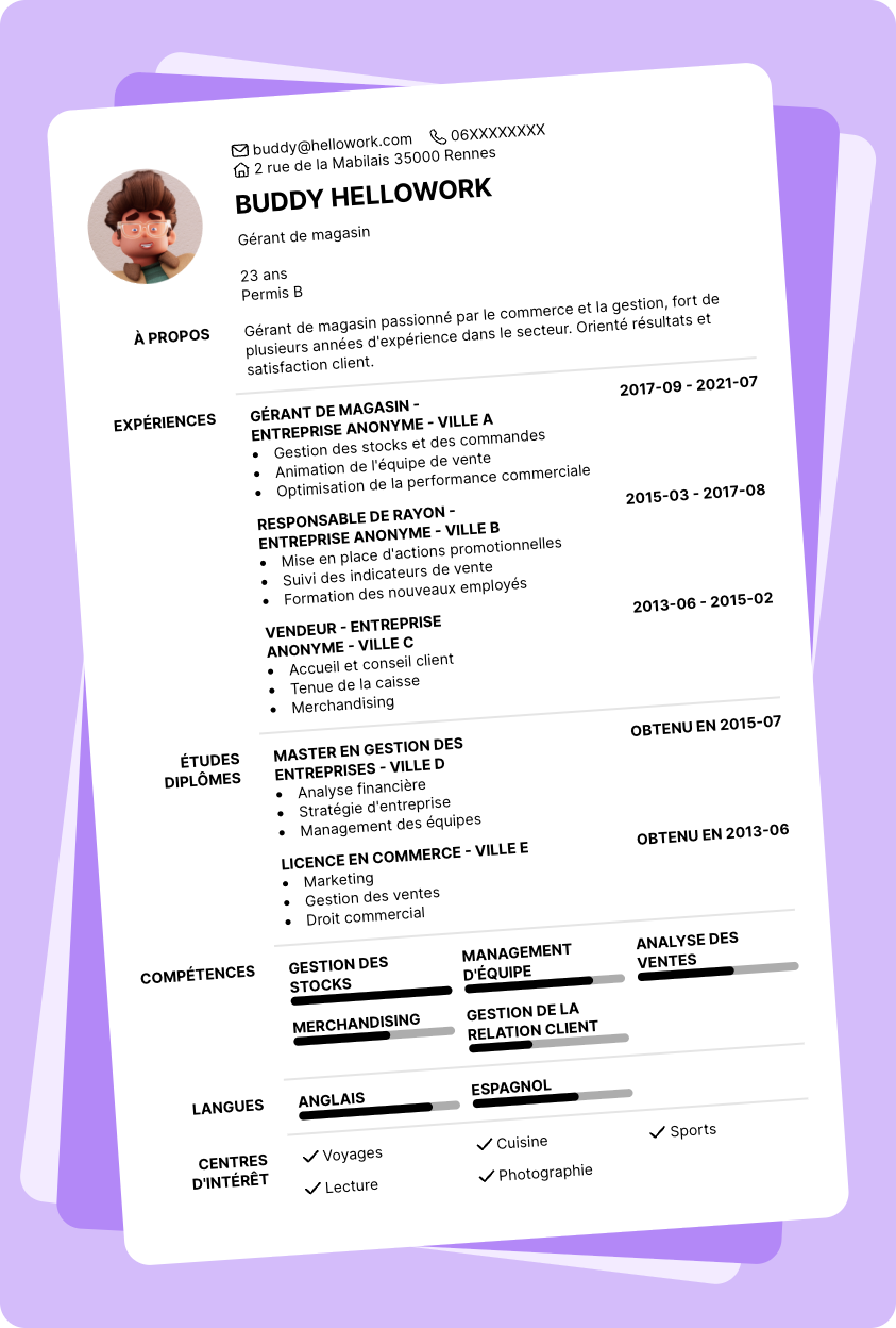 Modèle CV Gérant de magasin Exemple CV Gérant de magasin