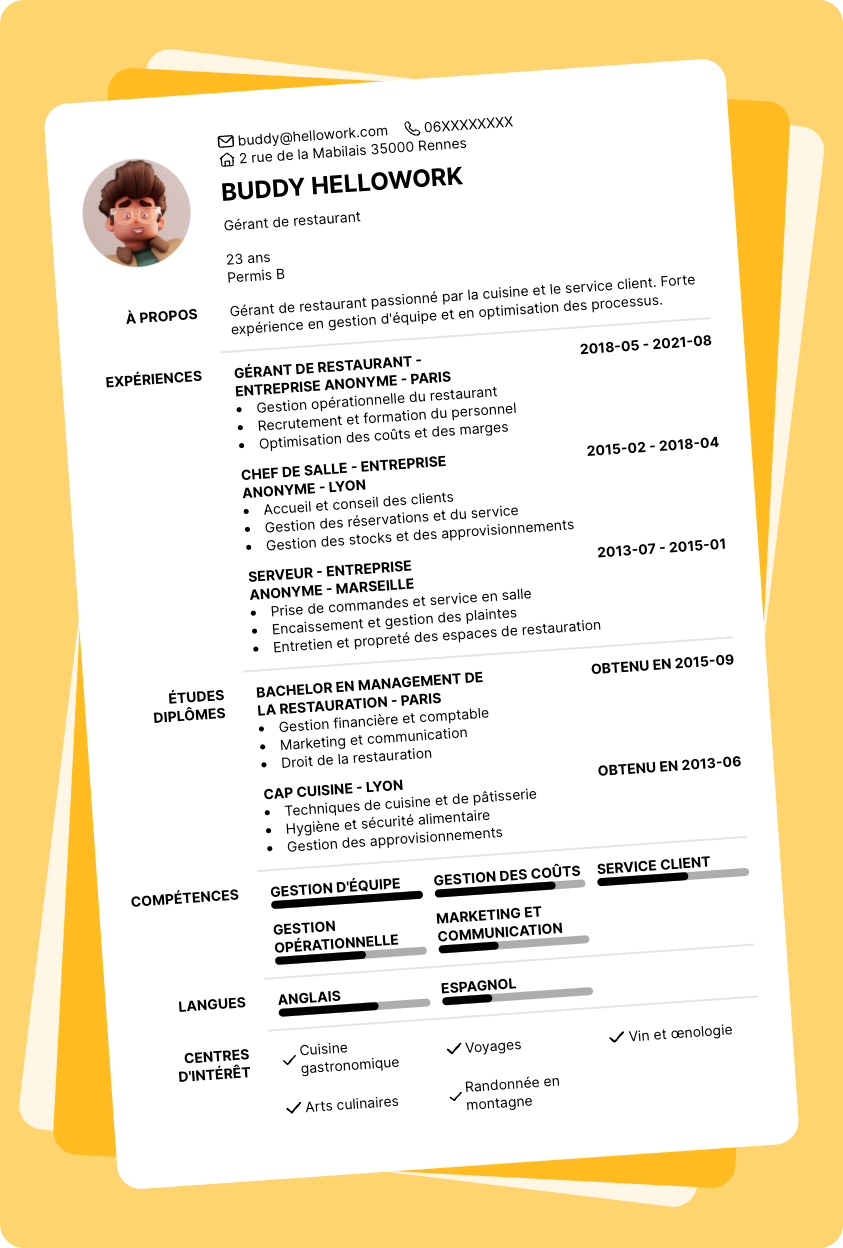 Modèle CV Gérant de restaurant Exemple CV Gérant de restaurant