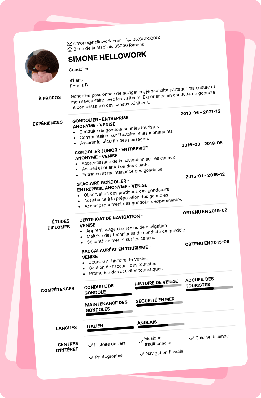 Modèle CV Gondolier Exemple CV Gondolier