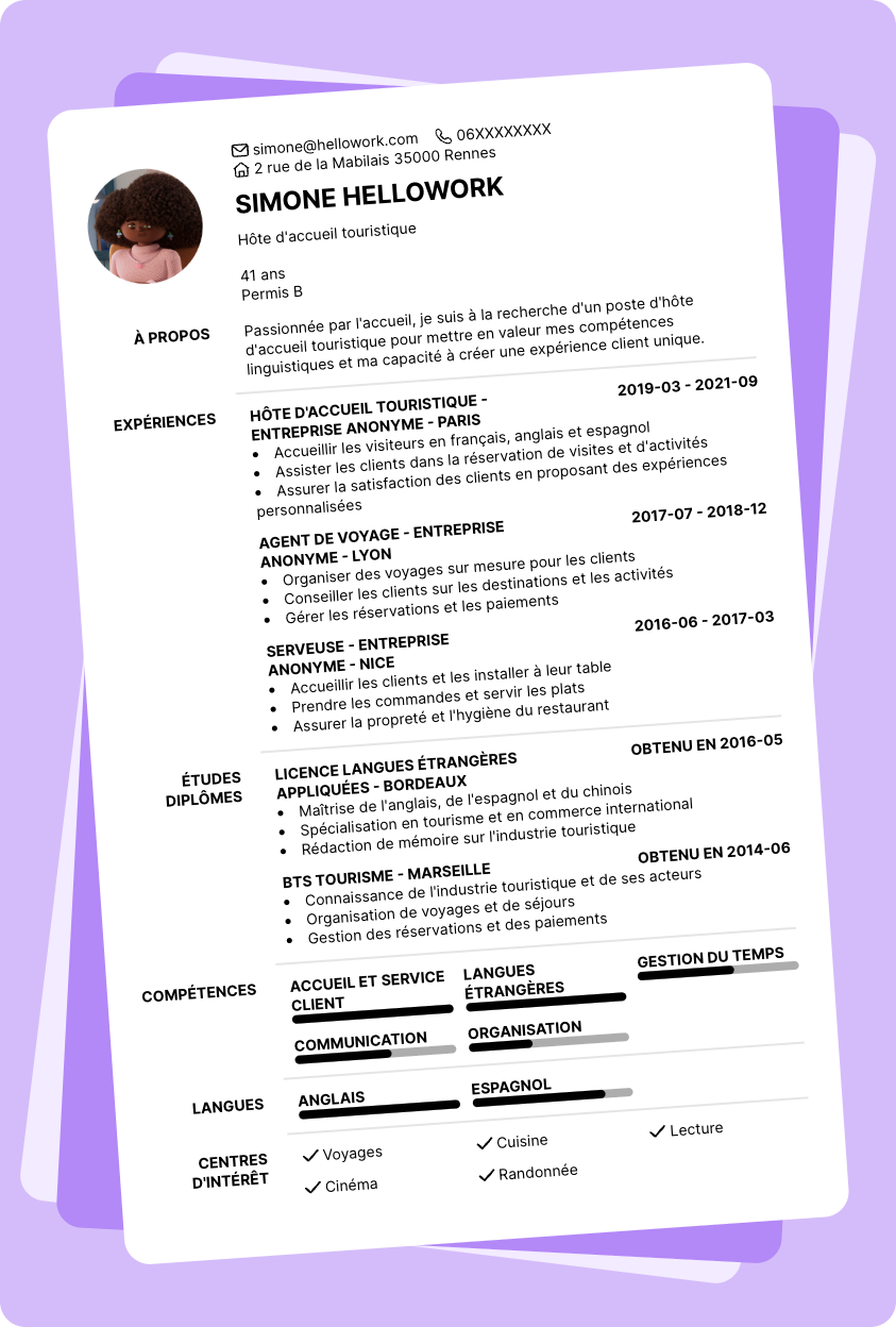 Exemple CV Agent d'accueil touristique