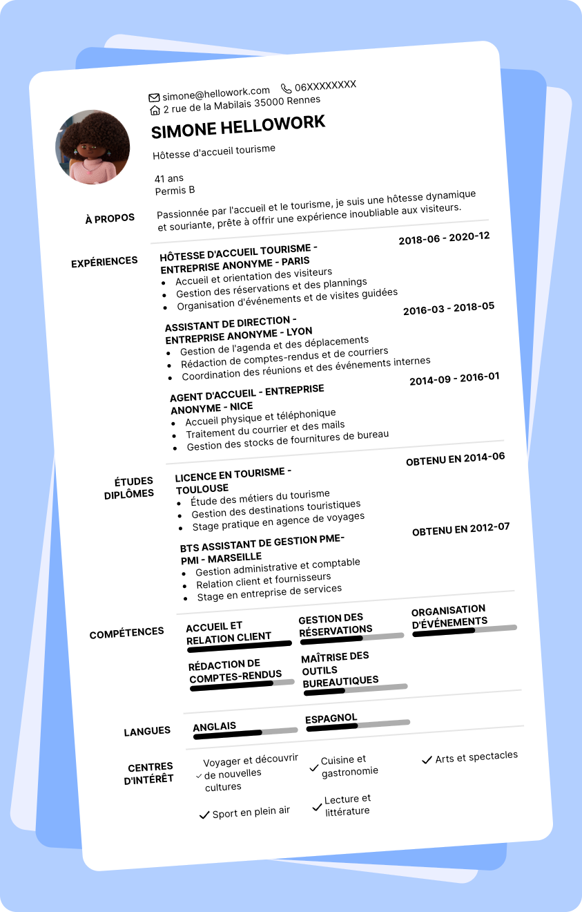 Modèle CV Hôtesse d'accueil tourisme Exemple CV Hôtesse d'accueil tourisme