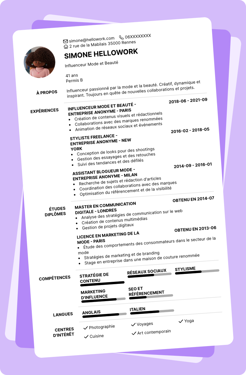 Modèle CV Influenceur Exemple CV Influenceur
