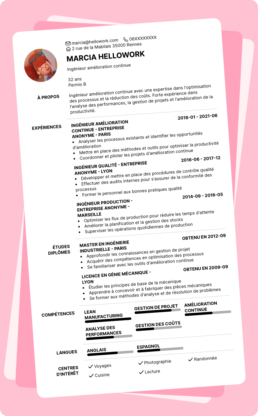 Modèle CV Ingénieur amélioration continue Exemple CV Ingénieur amélioration continue