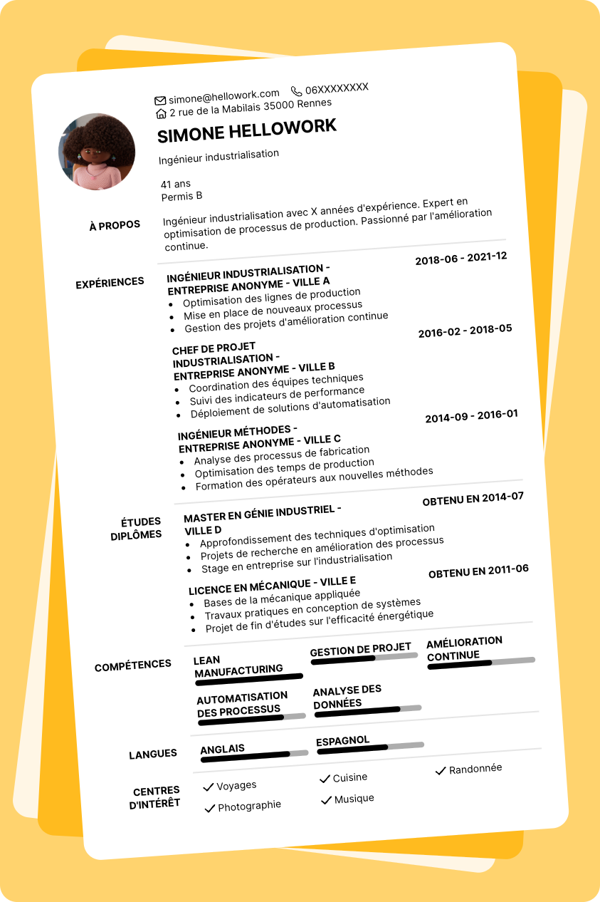Exemple CV Ingénieur industrialisation