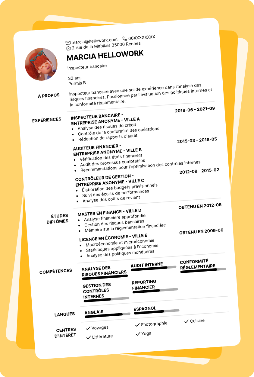 Modèle CV Inspecteur bancaire Exemple CV Inspecteur bancaire
