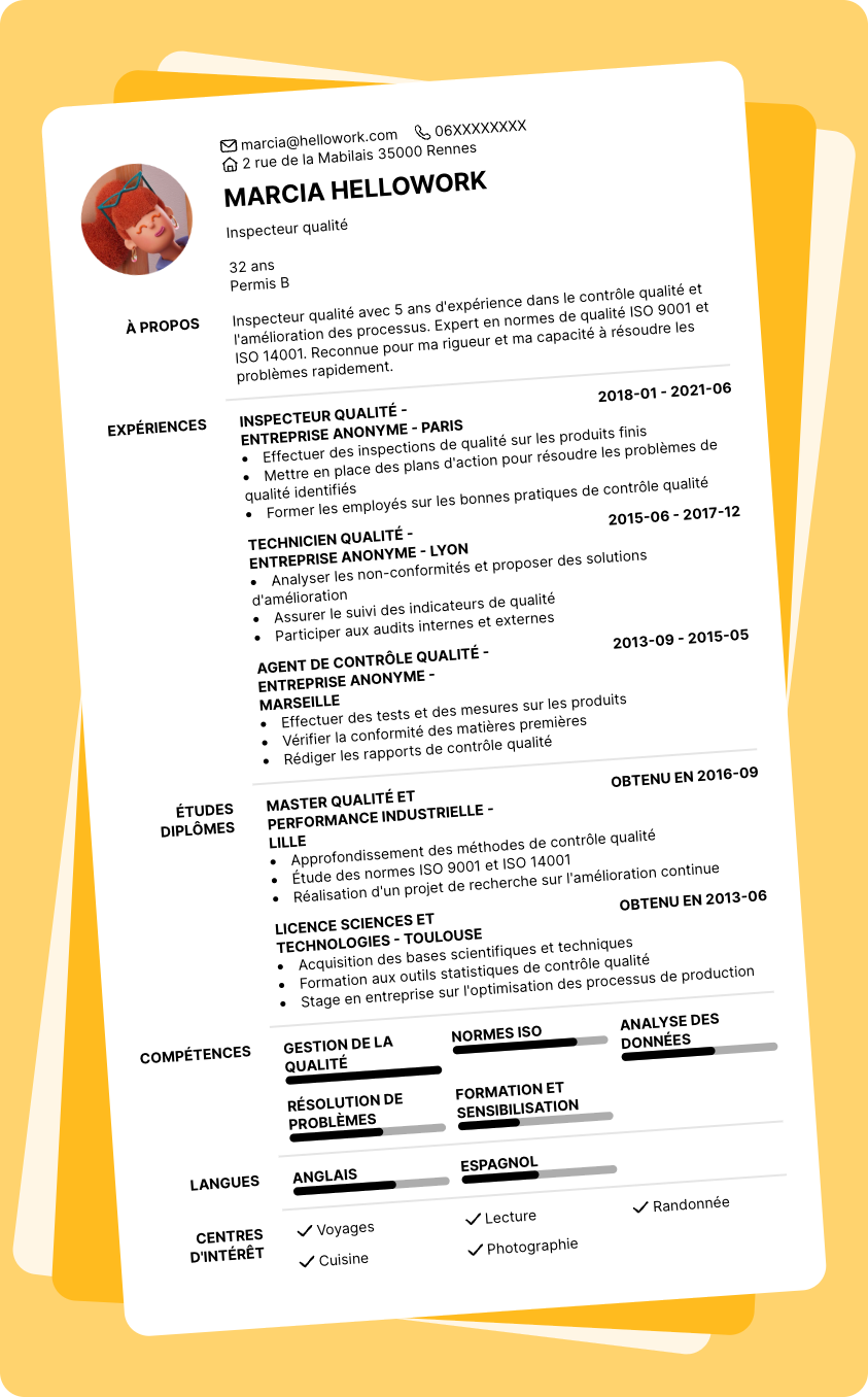 Modèle CV Inspecteur qualité Exemple CV Inspecteur qualité