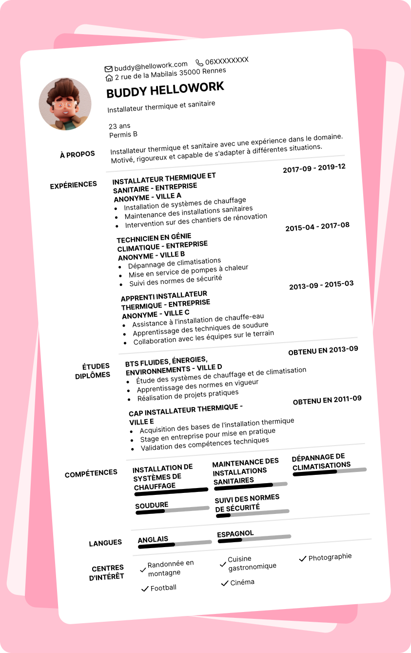 Modèle CV Installateur thermique et sanitaire Exemple CV Installateur thermique et sanitaire