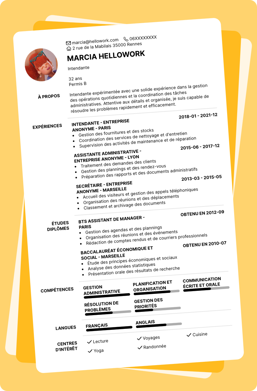 Modèle CV Intendant Exemple CV Intendant