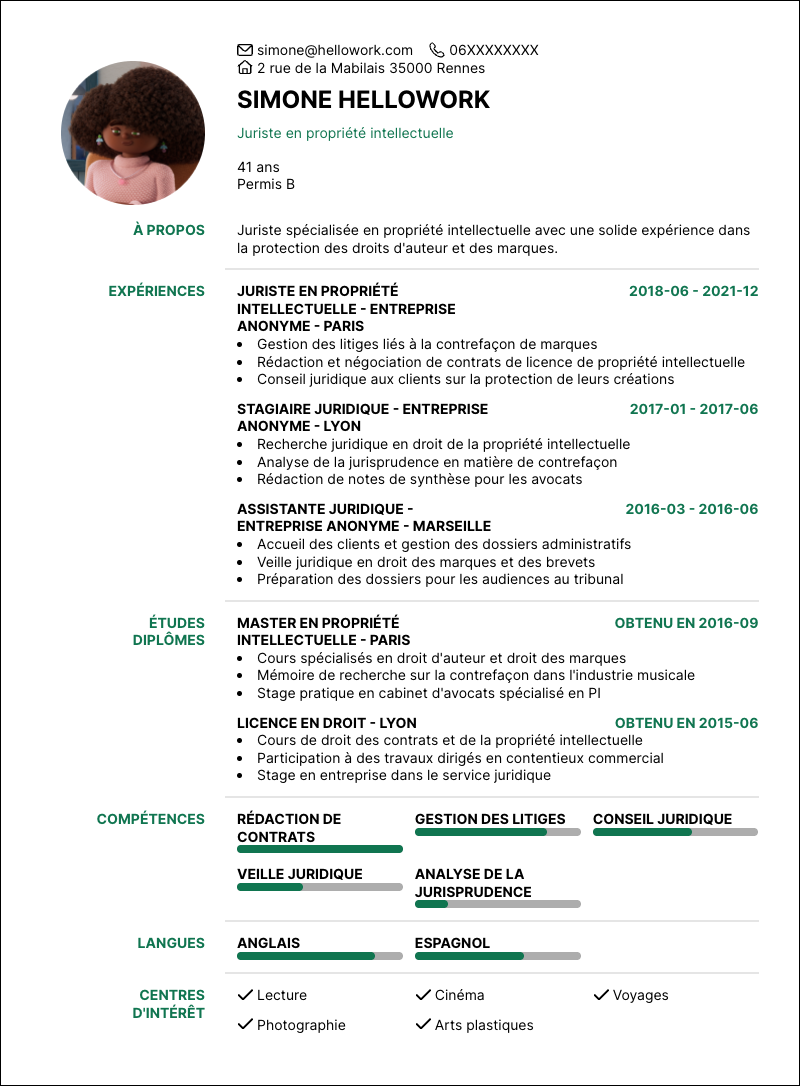 Modèle CV Juriste propriété intellectuelle Exemple CV Juriste propriété intellectuelle