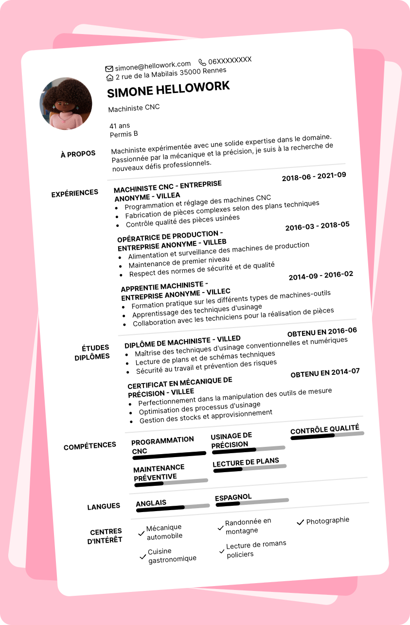 Modèle CV Machiniste Exemple CV Machiniste