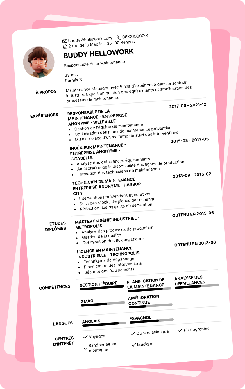 Modèle CV Maintenance Manager Exemple CV Maintenance Manager