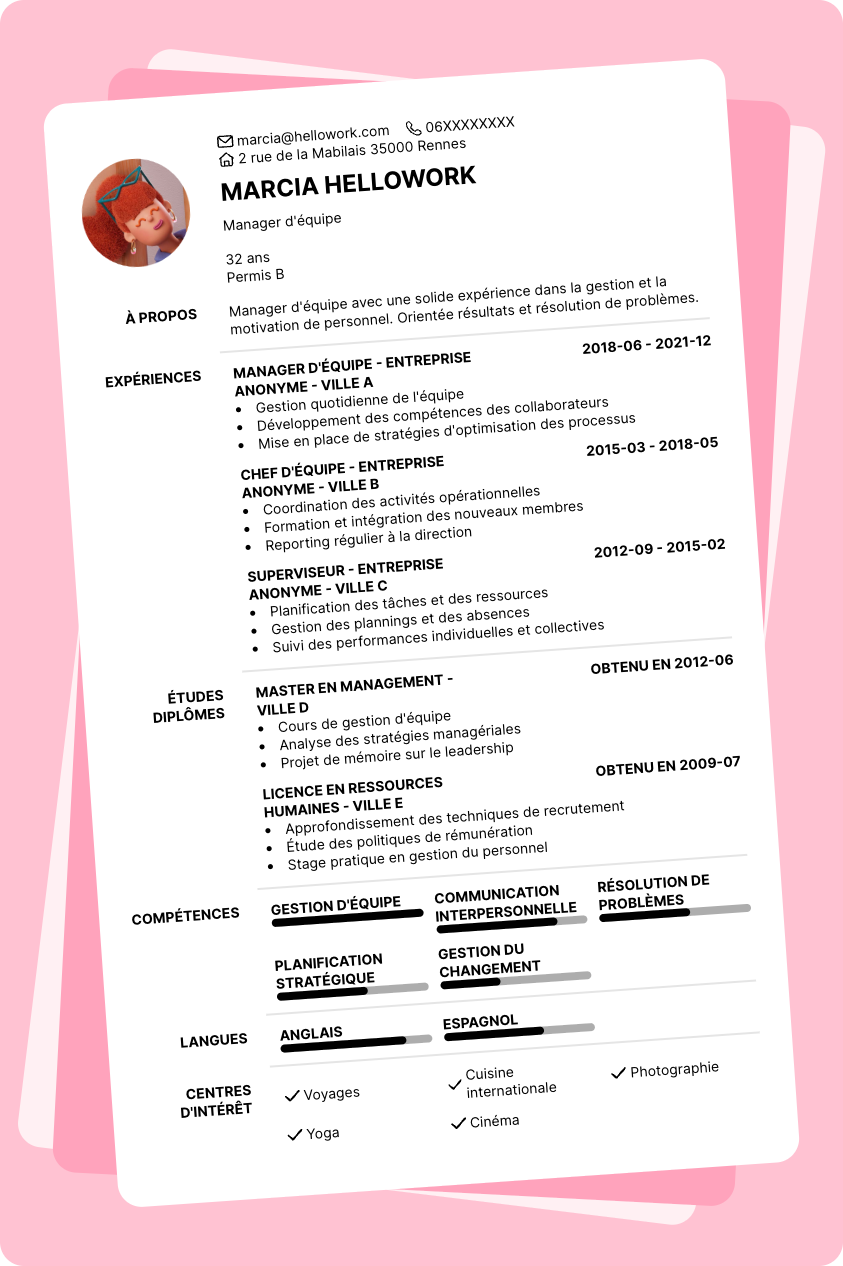 Modèle CV Manager d'équipe Exemple CV Manager d'équipe