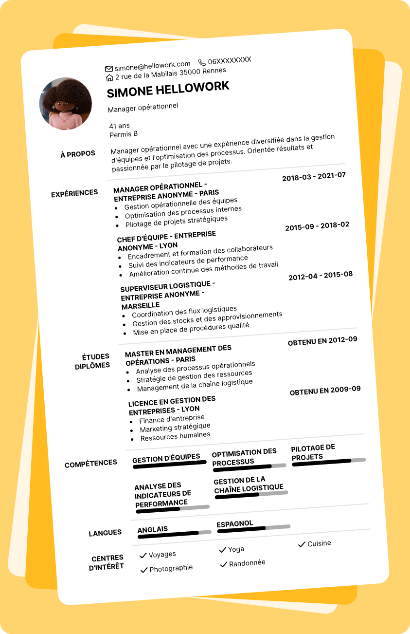 Modèle CV Manager opérationnel Exemple CV Manager opérationnel