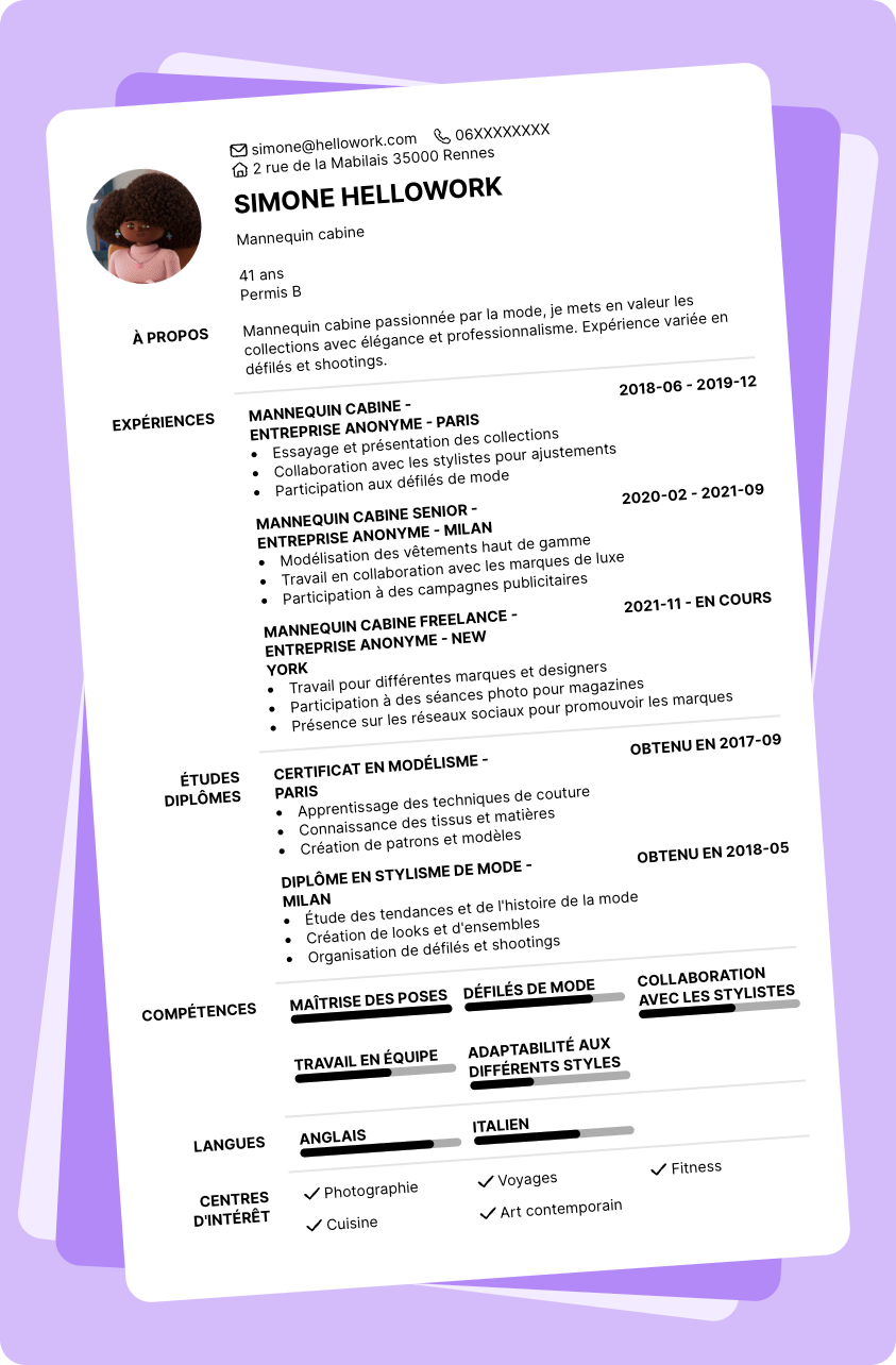 Modèle CV Mannequin cabine Exemple CV Mannequin cabine