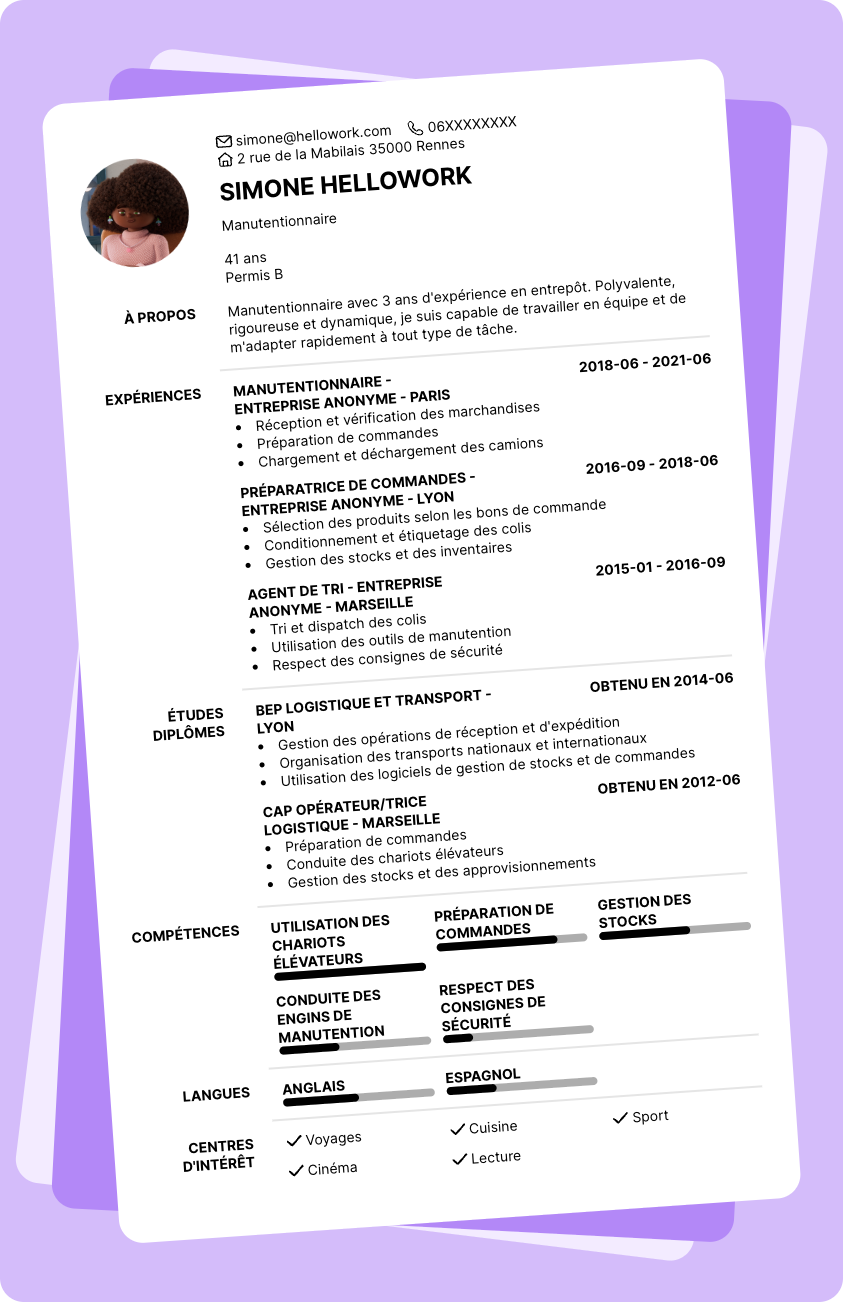 Modèle CV Manutentionnaire Exemple CV Manutentionnaire