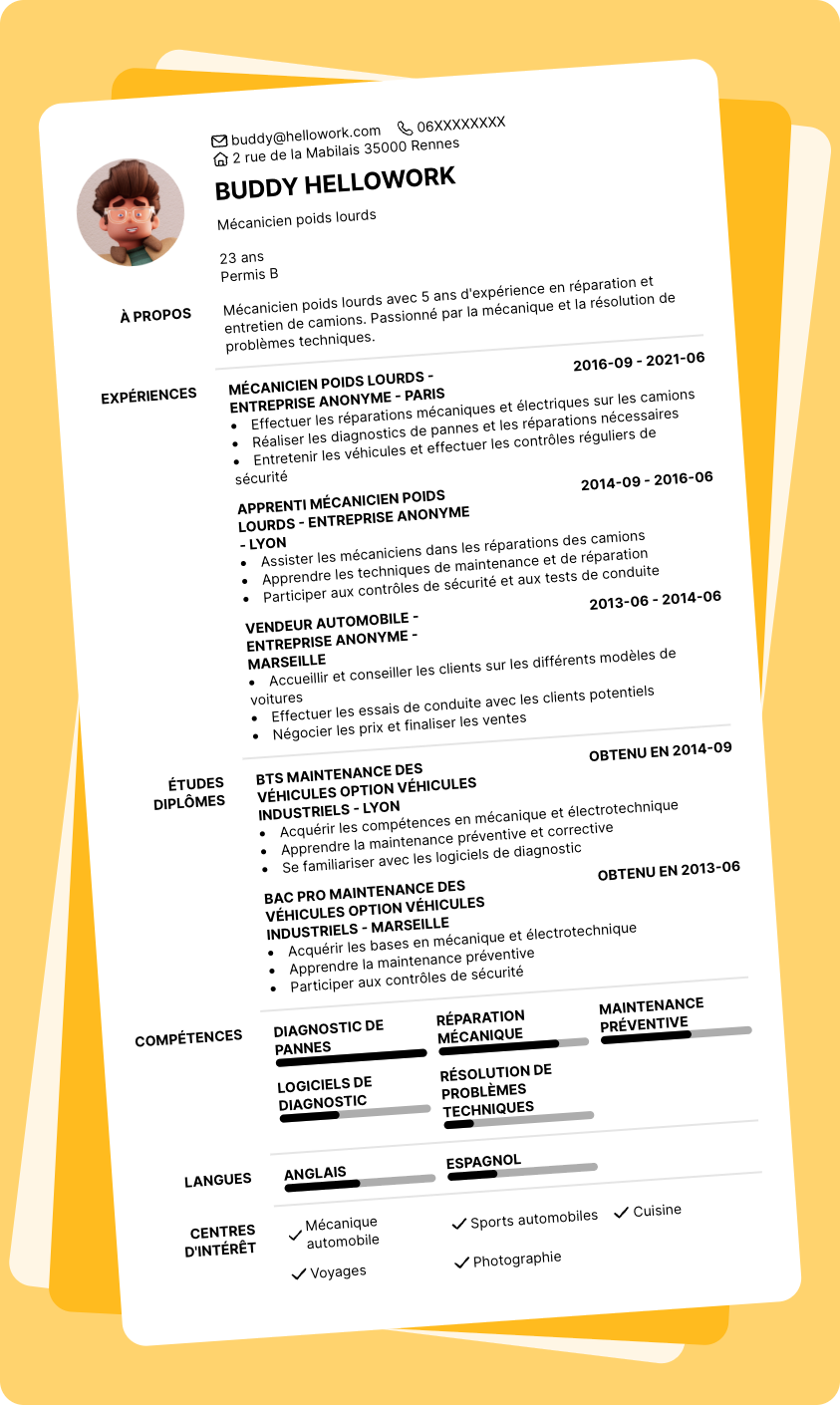 Exemple CV Mécanicien poids lourds