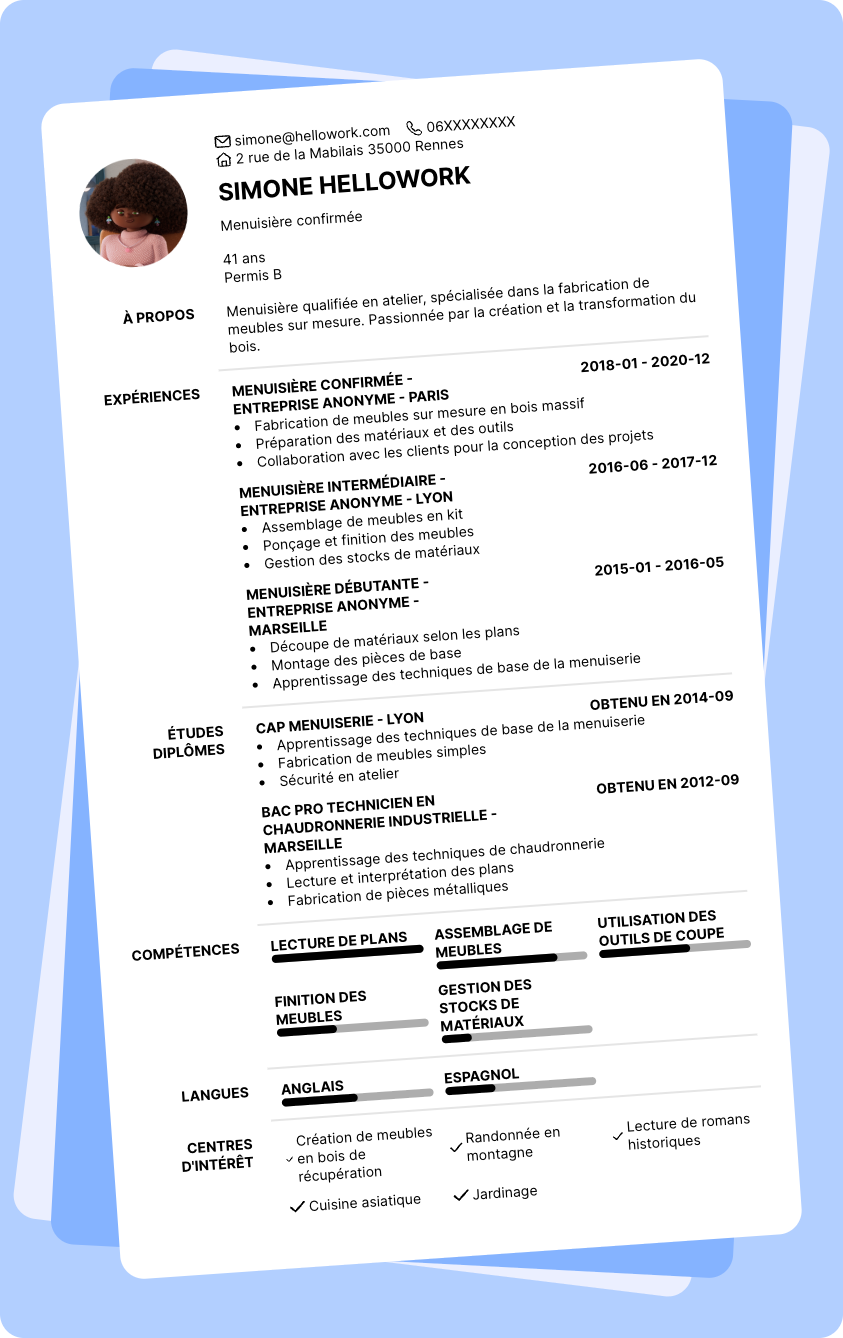Modèle CV Menuisier atelier Exemple CV Menuisier atelier