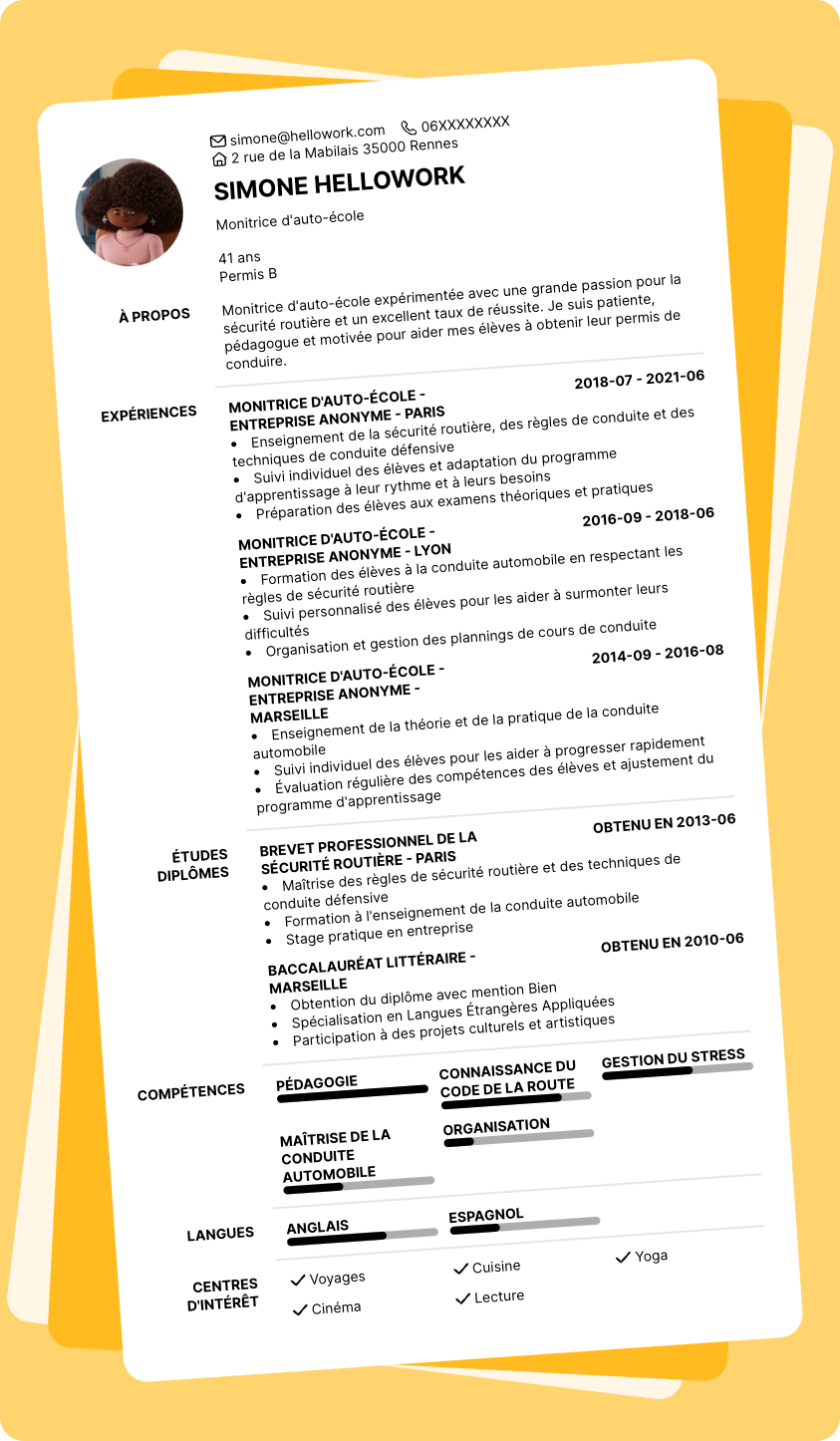 Exemple CV Moniteur auto-école