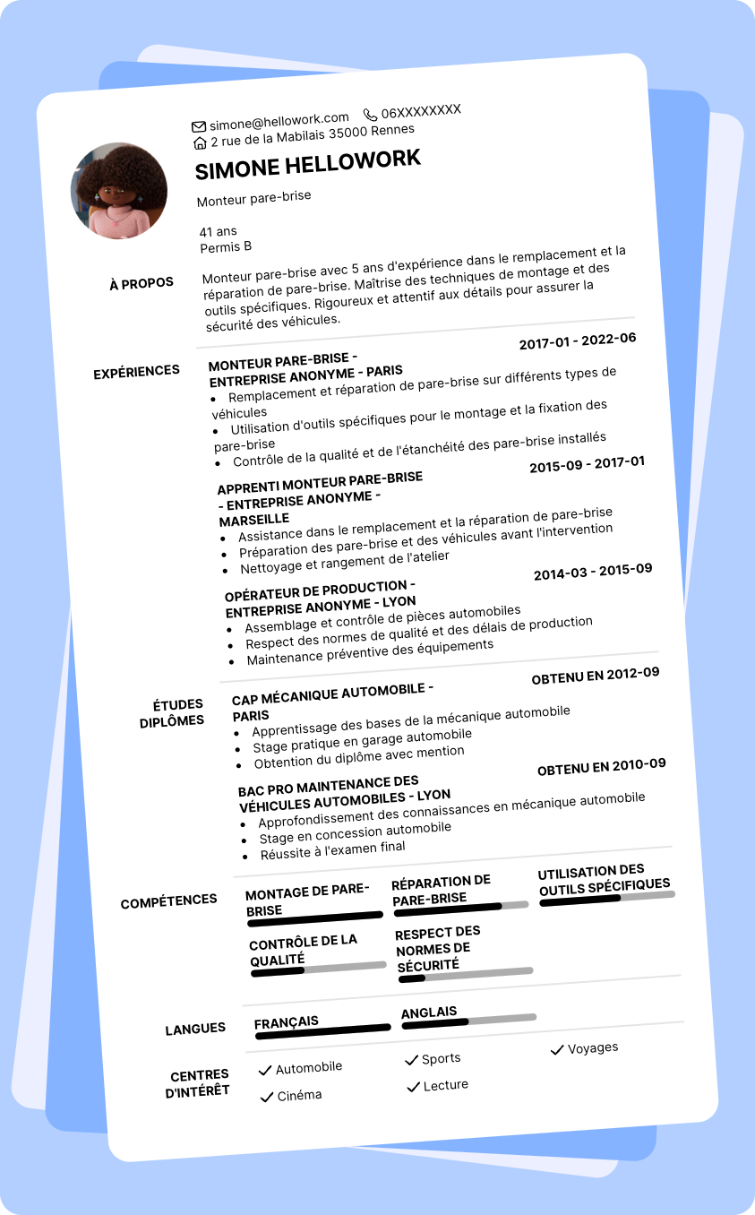 Exemple CV Poseur de pare-brise