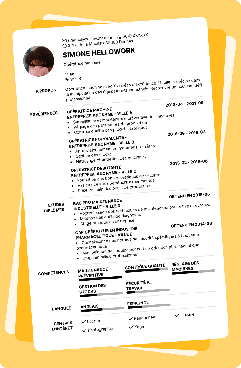 Modèle CV Opérateur machine Exemple CV Opérateur machine
