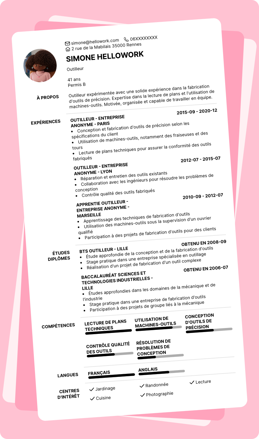 Exemple CV Outilleur