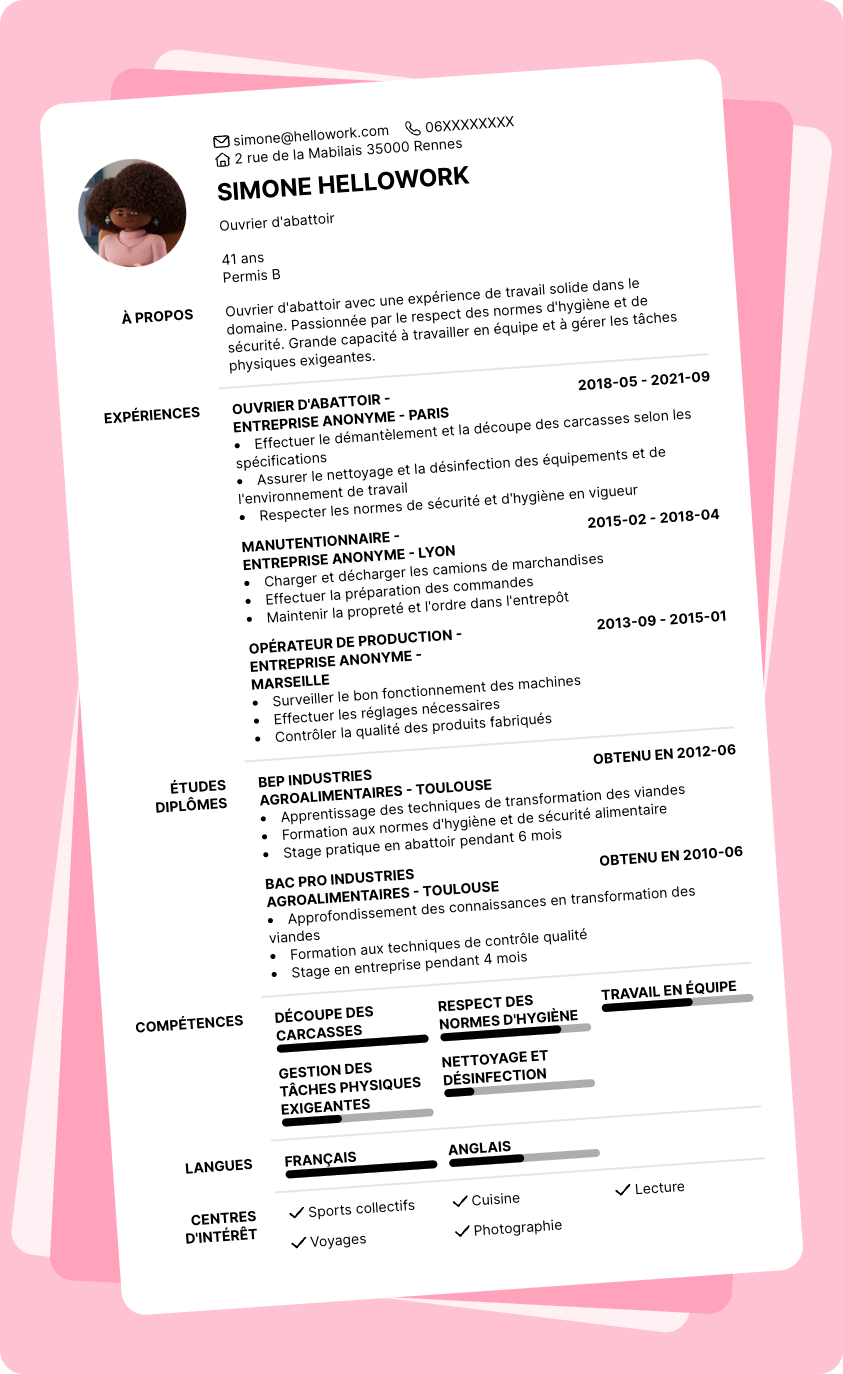 Exemple CV Ouvrier d'abattoir