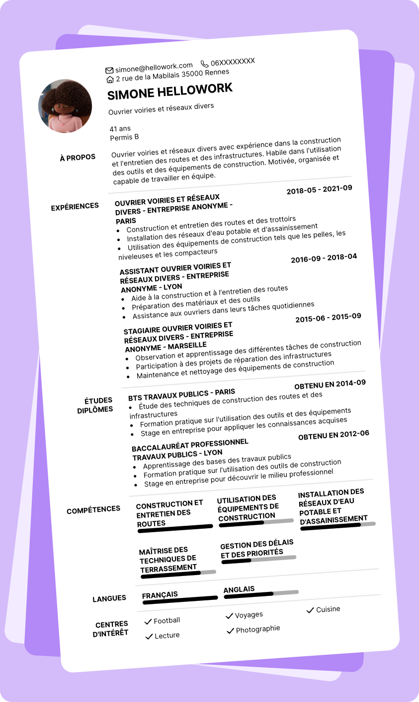 Modèle CV Ouvrier voiries et réseaux divers Exemple CV Ouvrier voiries et réseaux divers