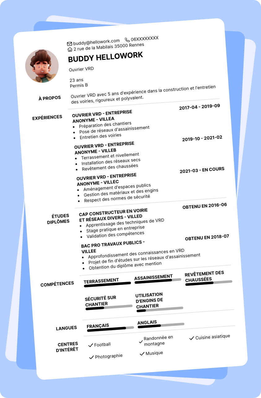 Modèle CV Ouvrier VRD Exemple CV Ouvrier VRD
