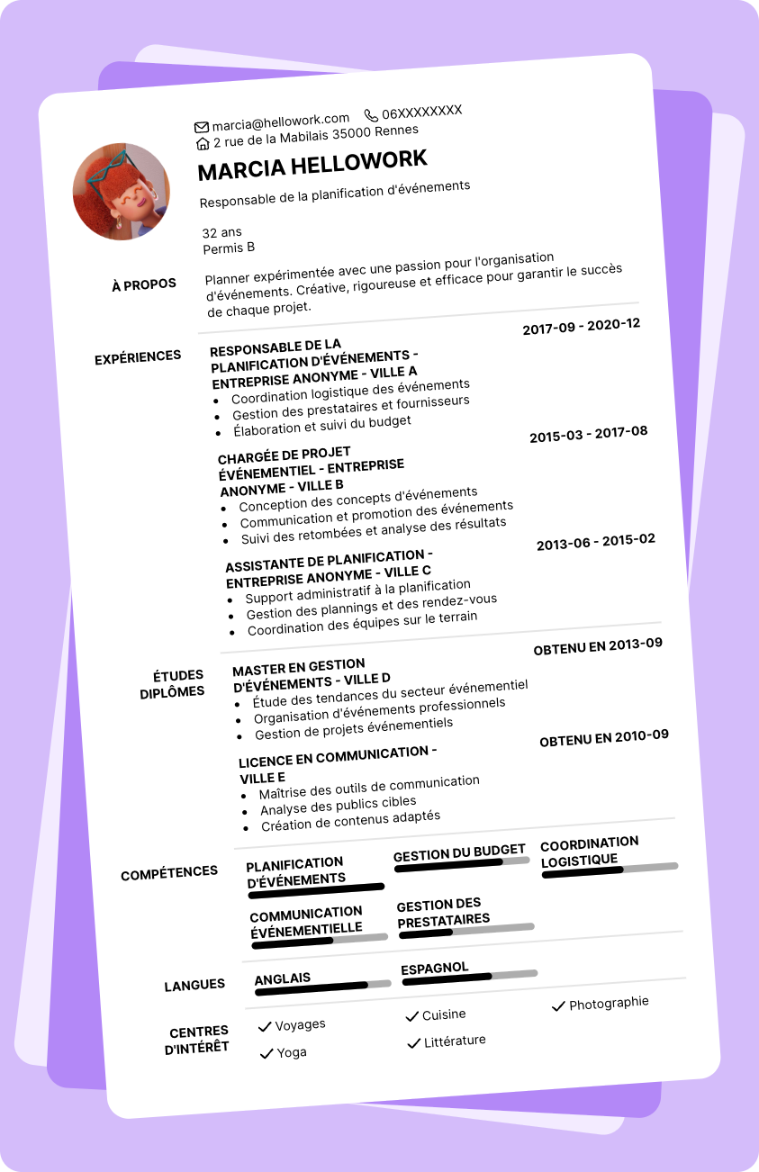 Modèle CV Planner Exemple CV Planner