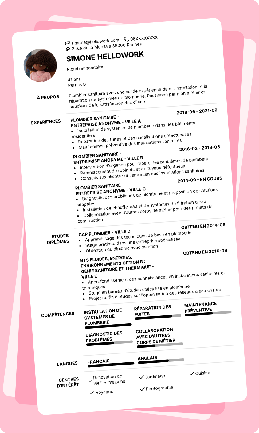 Exemple CV Plombier sanitaire