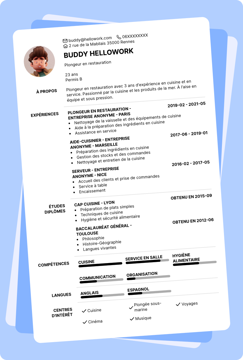 Modèle CV Plongeur en restauration Exemple CV Plongeur en restauration