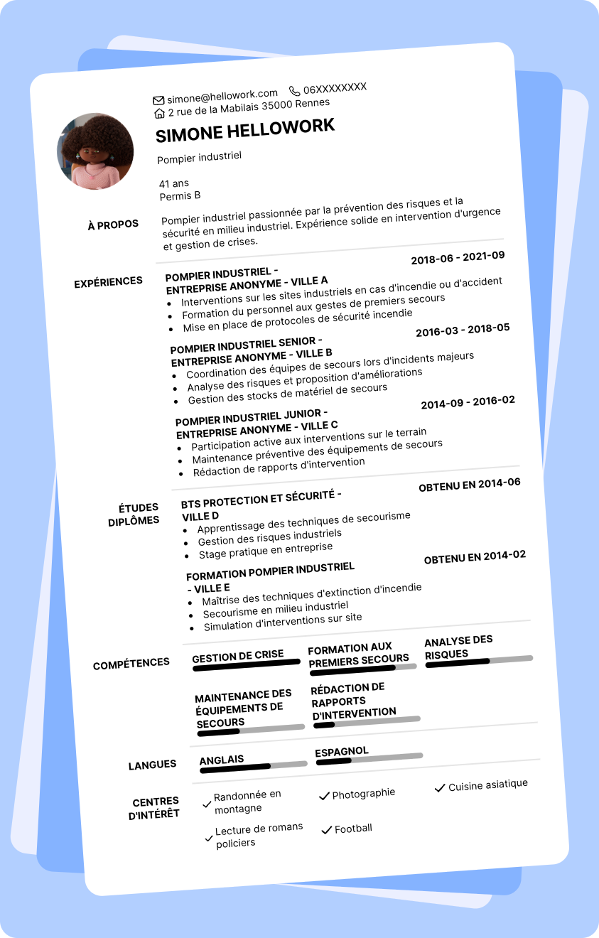 Exemple CV Pompier industriel