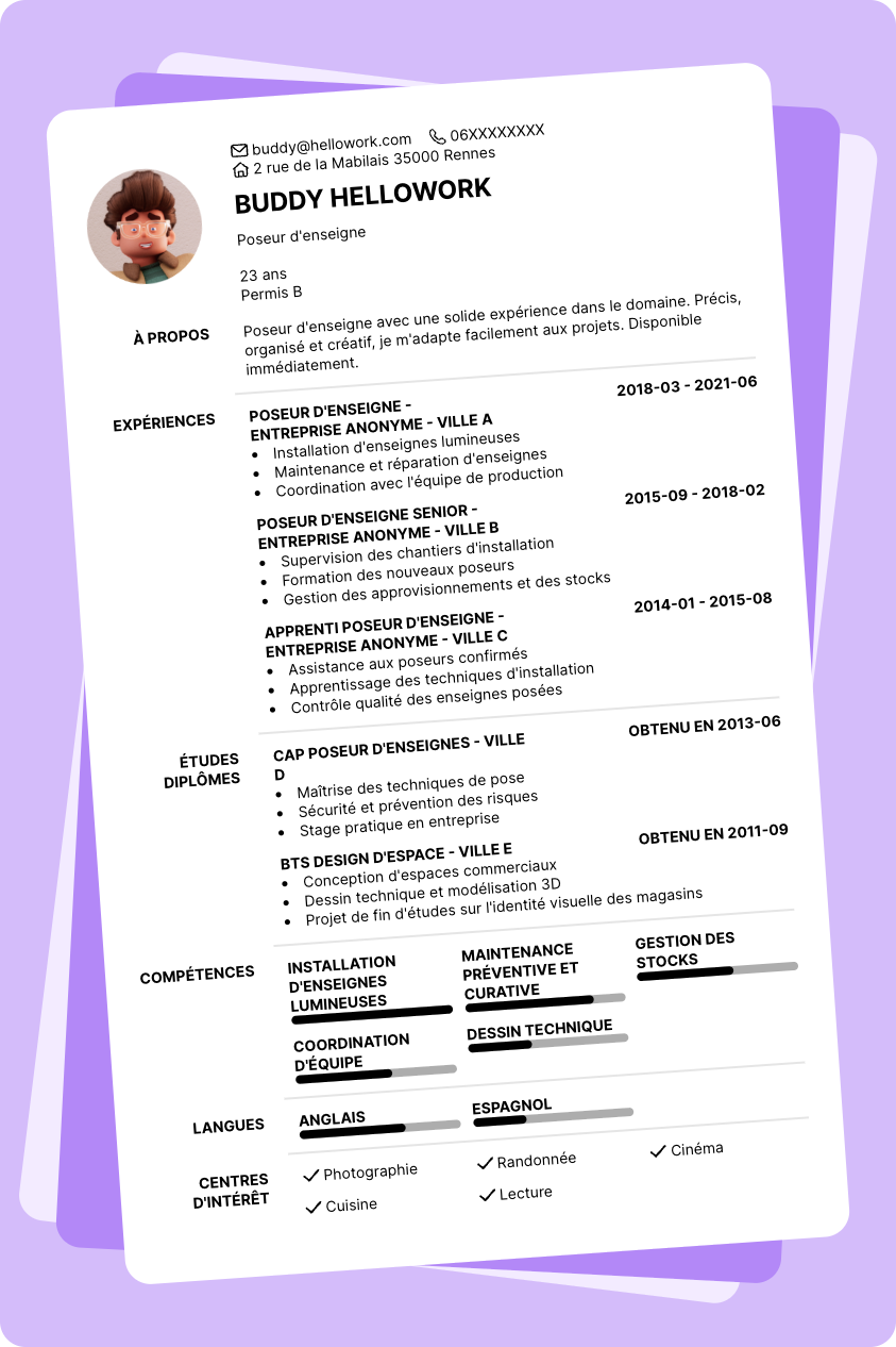 Exemple CV Poseur d'enseigne