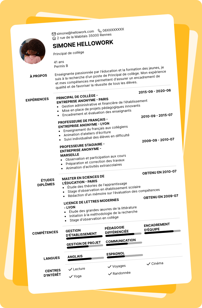 Exemple CV Principal de collège