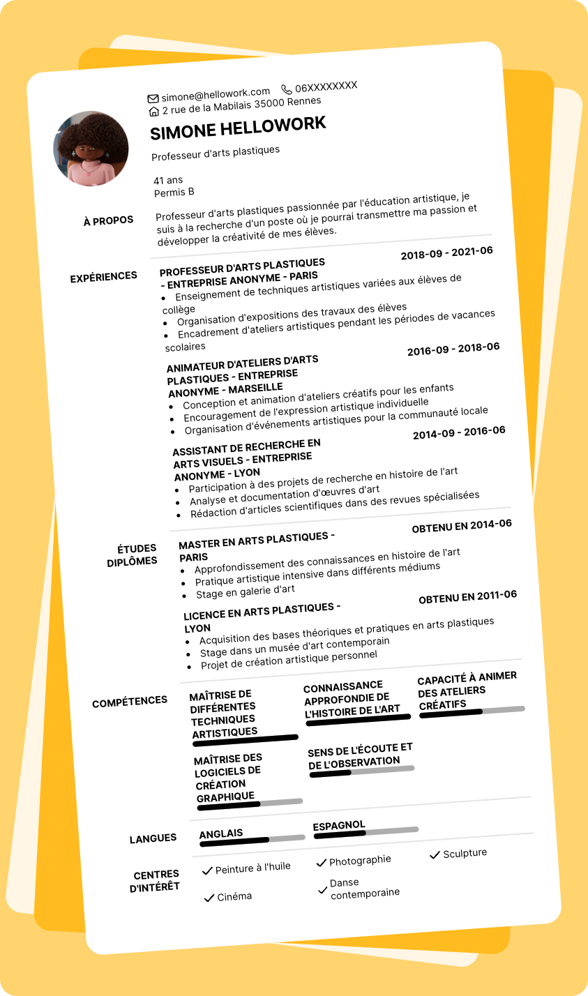 Exemple CV Professeur d'arts plastiques