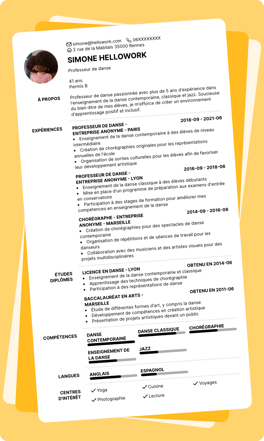 Exemple CV Professeur de danse