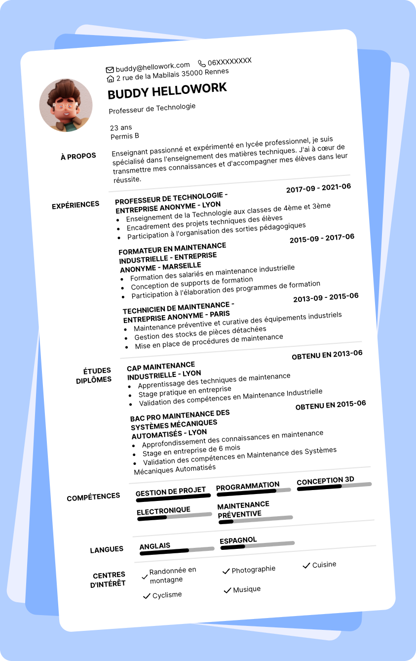 Exemple CV Professeur de lycée professionnel