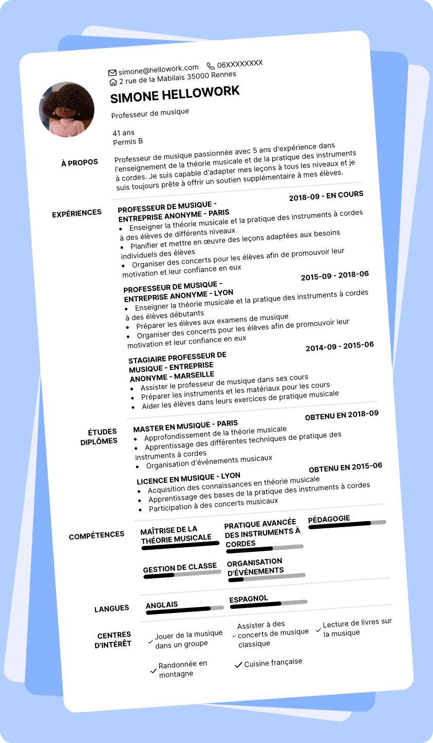 Modèle CV Professeur de musique Exemple CV Professeur de musique
