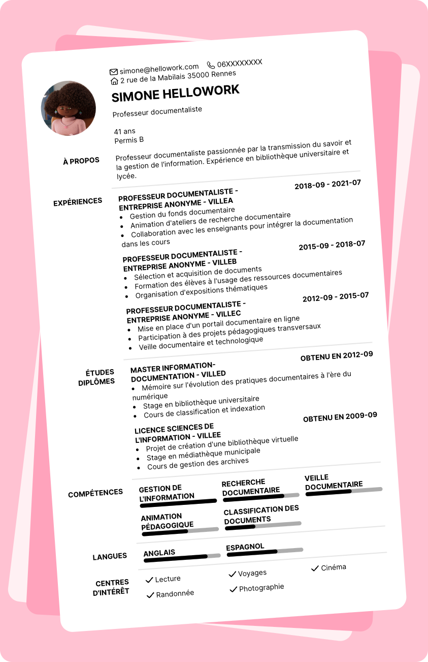 Modèle CV Professeur documentaliste Exemple CV Professeur documentaliste