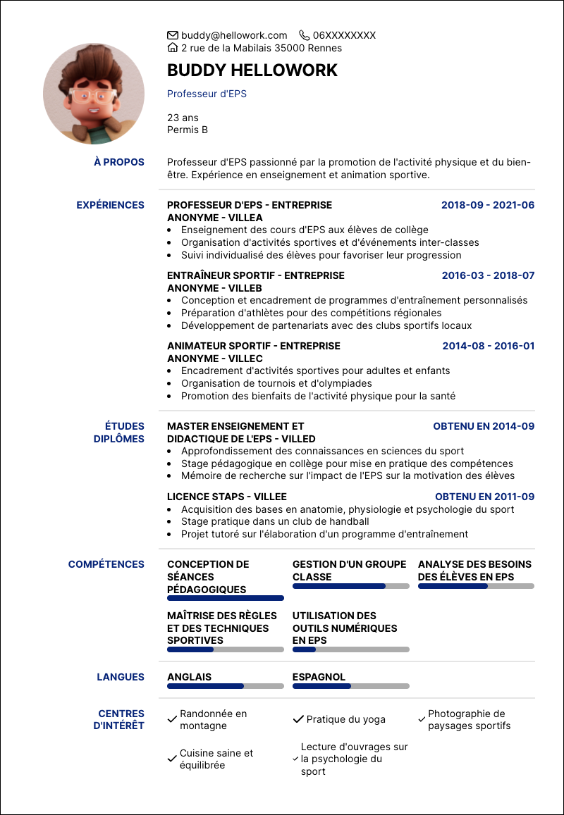 Exemple CV Professeur d'EPS